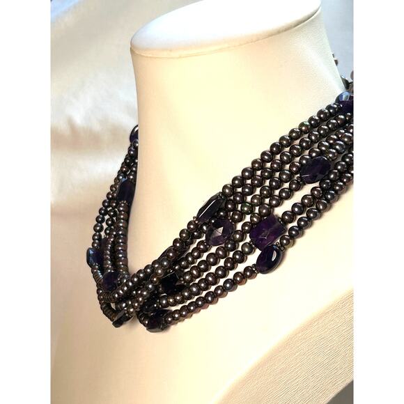 Lucas Lameth 925 Multistrand Purple Freshwater Pearl Amethyst Necklace 114 grams - Picture 4 of 10